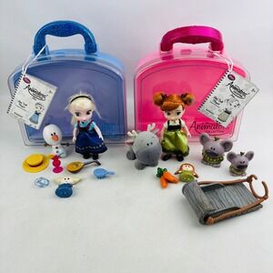 Disney Animators Collection Frozen Anna Elsa Mini Doll Playset Lot Carry Cases